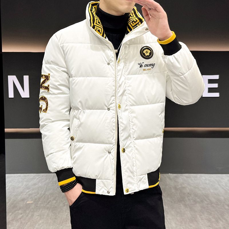 Nouveau manteau de mode brillant pour homme, style européen, brodé, col montant, rembourré en coton, épais et chaud