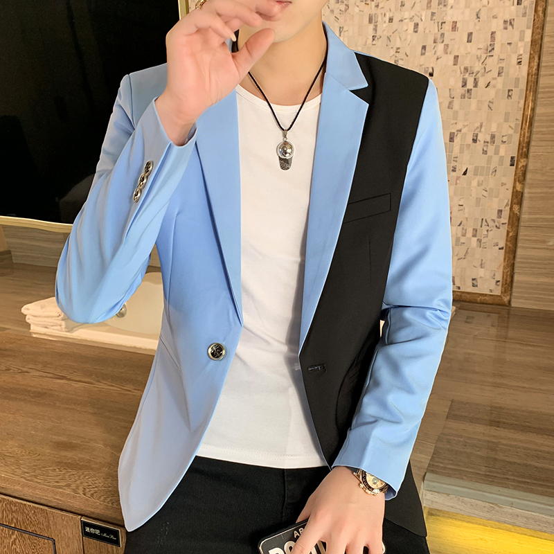 Blazer décontracté pour hommes, vêtements de mode coréens, veste imbibée de patchwork, vêtements fins d'été pour hommes, beau manteau ajusté, rouge, blanc, bleu