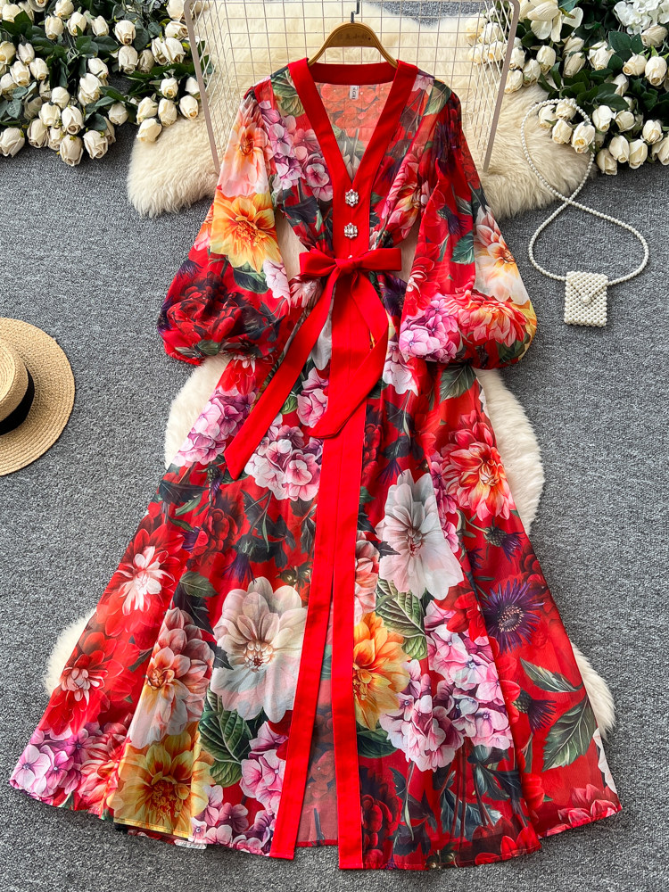 Robe longue élégante rétro à col en V et imprimé floral pour femme, manches bouffantes, taille cintrée à nouer, idéale pour les soirées et les fêtes, collection printemps-automne