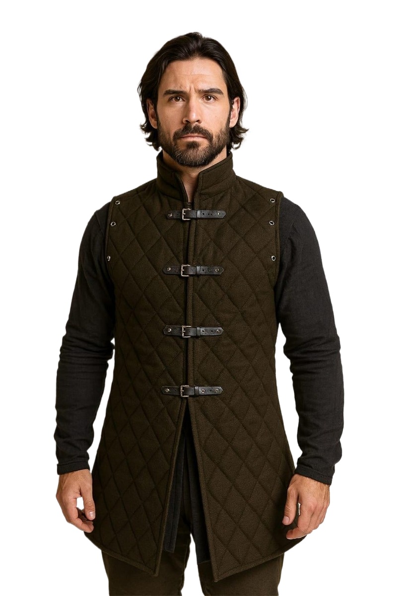 Gambeson Costume Aketon Armure Gilet en Coton Manteau Médiéval Viking Sans Manches Tenue LARP Veste de Chevalier avec Boucles pour Hommes Adultes
