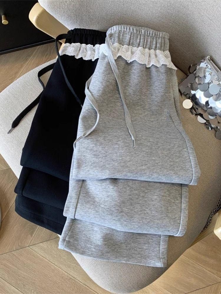 Mode coréenne solide pantalon femme gris dentelle Patchwork pantalons de survêtement femmes taille haute décontractée pantalon ample élégant pantalon à jambes larges