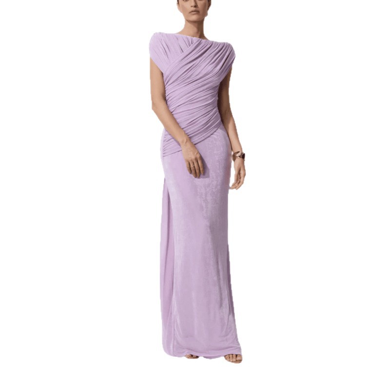 Robe de soirée plissée élégante et amincissante, mode transfrontalière, vêtements féminins, taille haute, épaules dénudées, longue robe en polyester