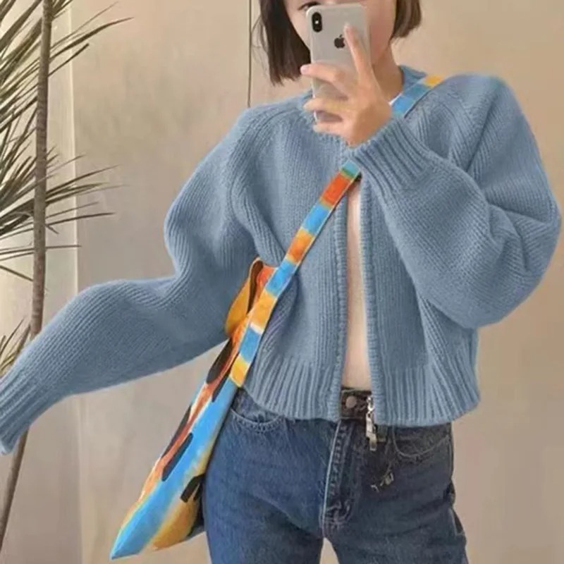 Femmes coréennes pull tricoté automne hiver Chic ample à manches longues Cardigan hauts Simple couleur unie pull veste