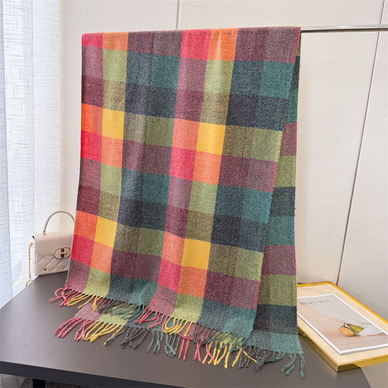 Écharpe de luxe en Imitation cachemire à carreaux arc-en-ciel pour femme, châles et enveloppes chauds, Pashmina épais, couverture féminine, hiver
