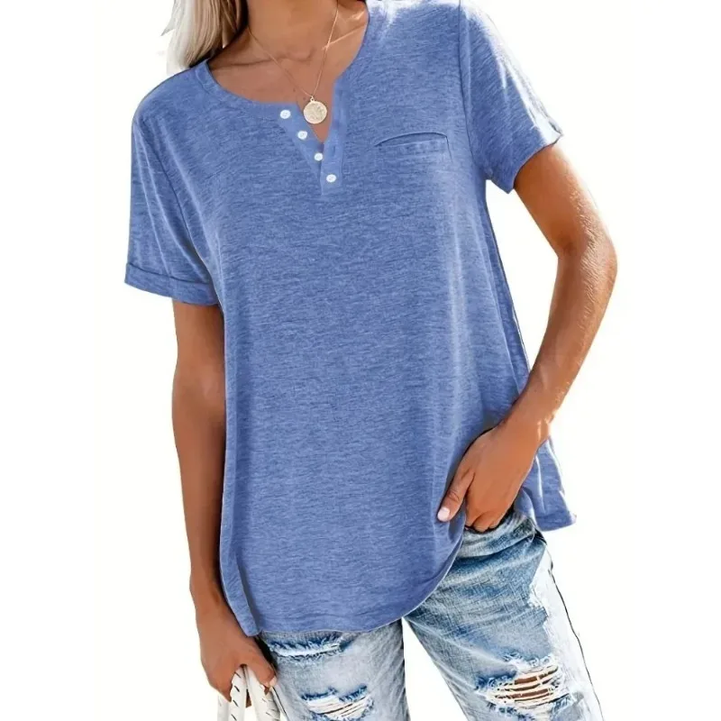 T-shirt décontracté à manches courtes et col en V pour femmes avec poches, grande taille, 1XL-5XL, printemps et été, nouveau style