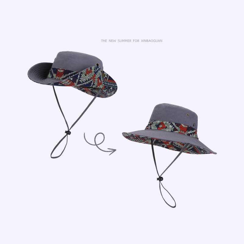 Chapeau de pêcheur à large bord de style ethnique, protection solaire, unisexe, pour la randonnée et le camping, pliable et respirant, avec cordon coupe-vent, adapté à la randonnée et au trekking