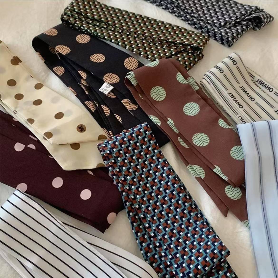 Écharpe imprimée à pois et rayures de style coréen, ruban long et fin pour cheveux et sac, foulard élégant et polyvalent