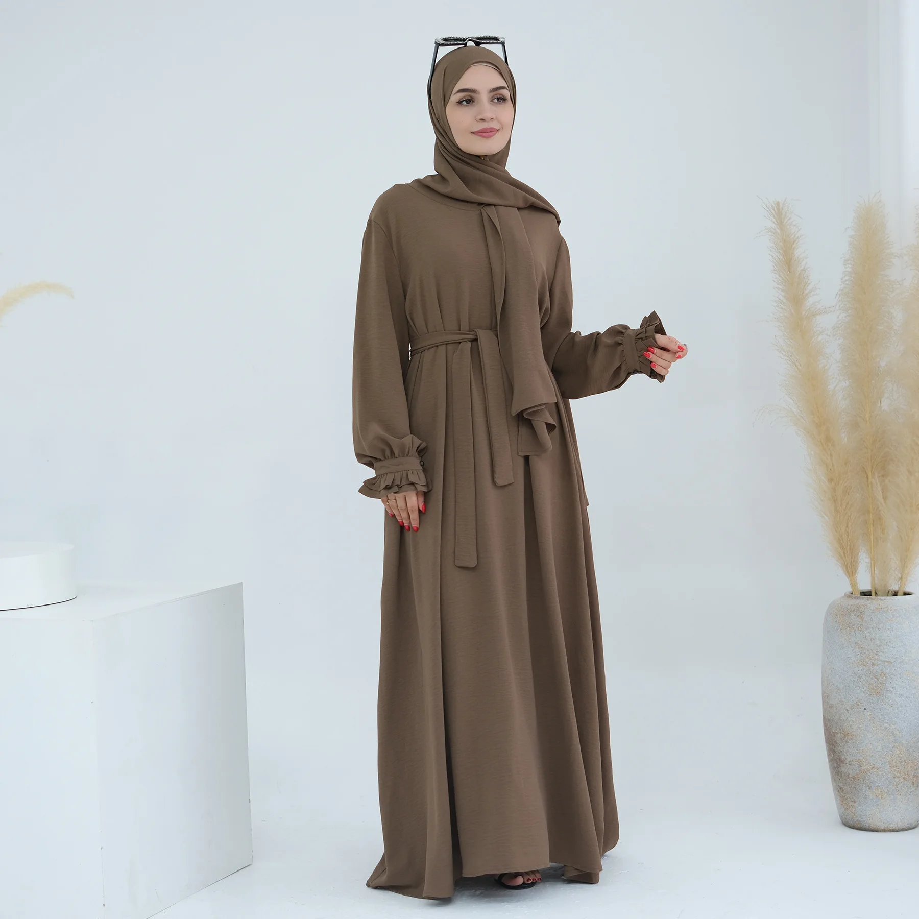 Abaya dubaï avec écharpe Hijab intégrée robe musulmane femmes fermeture éclair poches latérales avant vêtements islamiques robe turque modeste décontracté
