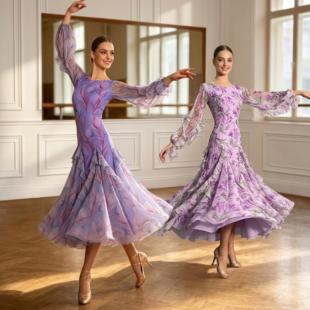 Robe de danse de salon pour femme, imprimé floral violet, dos nu, manches longues, volants, grande jupe évasée, pour la danse de la valse, la compétition moderne et la pratique