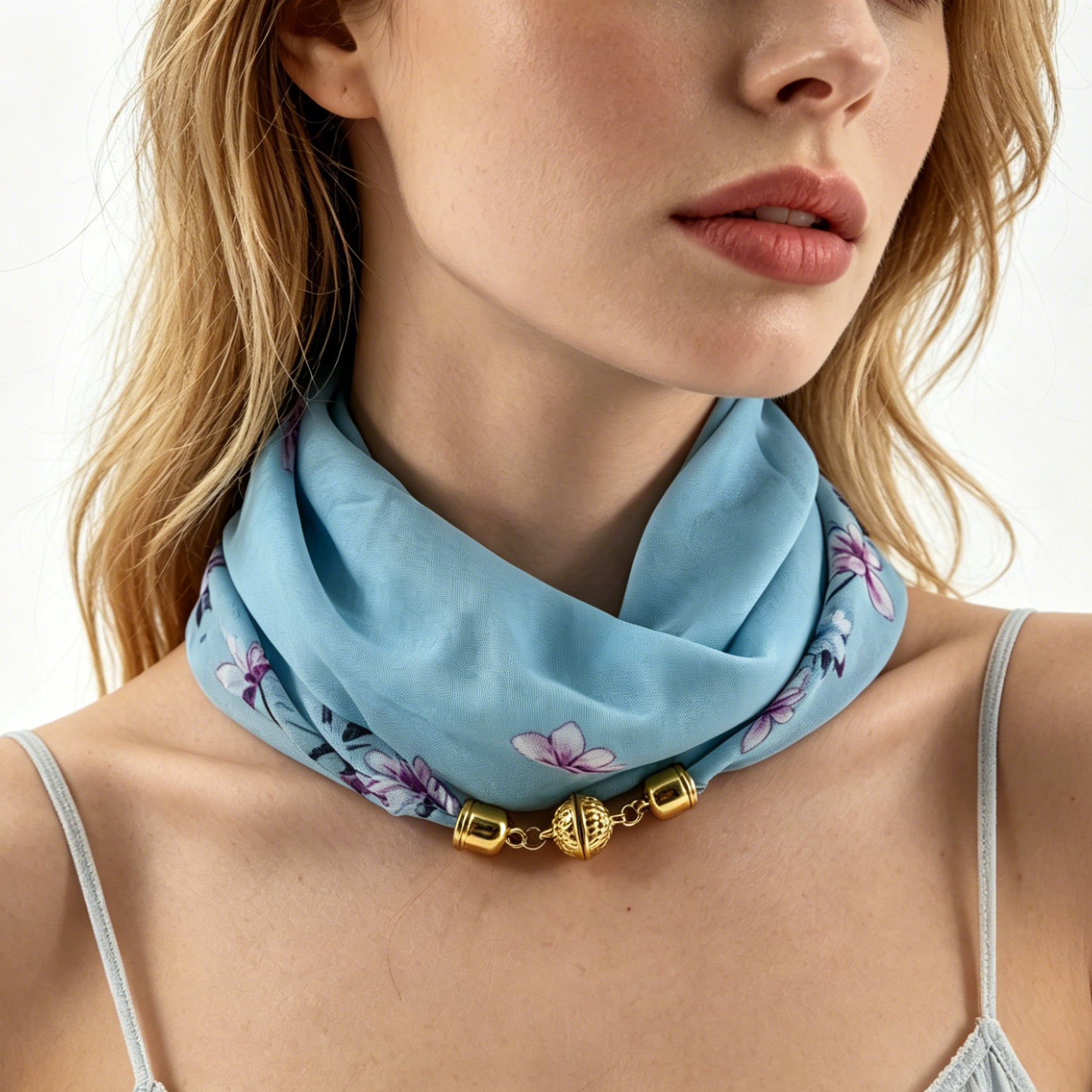1 pièce Foulard-collier en mousseline imprimé floral blanc et rose pour femme, avec pendentif boule dorée magnétique, accessoire de mode pour le cou