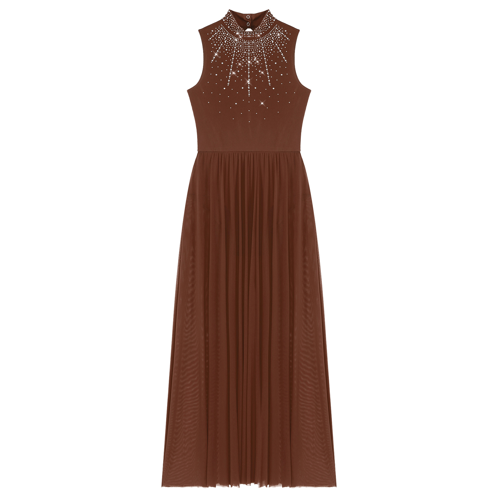 Robes de danse lyrique pour femmes, col montant, ourlet large, strass brillants, robe Maxi sans manches, robes justaucorps contemporaines modernes