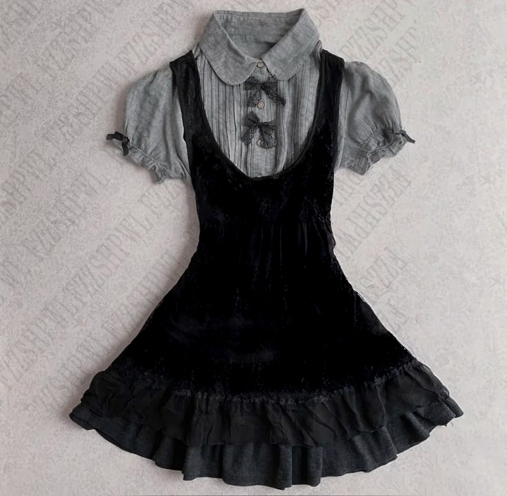 Robe chemise gothique Harajuku Y2K pour femme, style punk, esthétique subculturelle, avec nœud mignon, dentelle chic et vintage