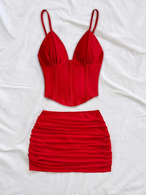 Ensemble jupe pour femme – Nouveauté été – Bretelles spaghetti – Col en V – Coupe ajustée – Mini-jupe sexy – Ensemble deux pièces – Tenues pour femmes