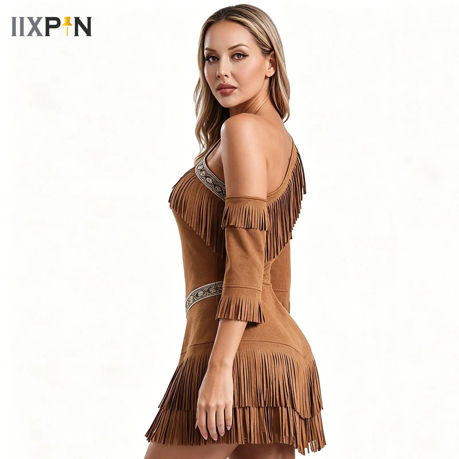 Costume de princesse indienne pour femmes, tenue amérindienne, robe en daim à franges avec manches, déguisement de fête fantaisie pour Halloween