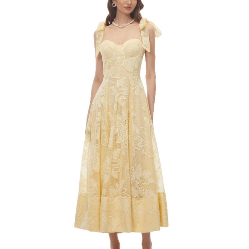 Robe de soirée élégante brodée dos nu, taille haute, jupe trapèze longue, style raffiné, avec nœud papillon, pour femme, modèle transfrontalier