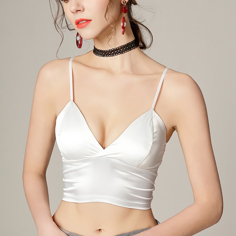 Débardeur en soie pour femmes, Camisole, bretelles Spaghetti, col en V, blanc, noir, sans manches, Streetwear, Street, avec coussinet de poitrine