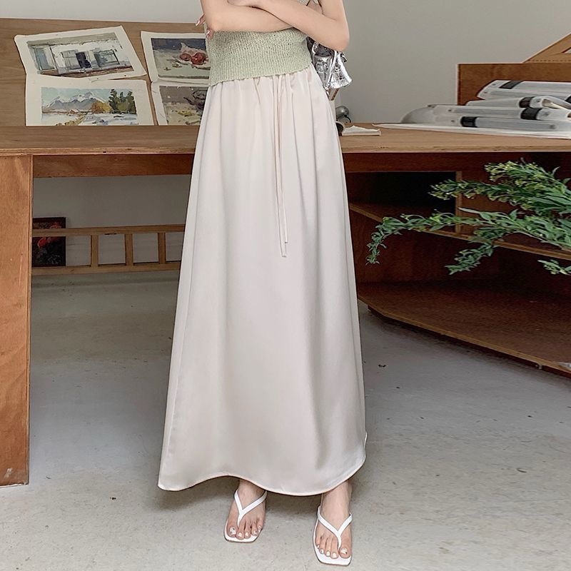 Jupe longue décontractée taille haute en satin pour femme, coupe ample trapèze Y2K, style vintage en soie noire ou blanche, longueur midi, Harajuku