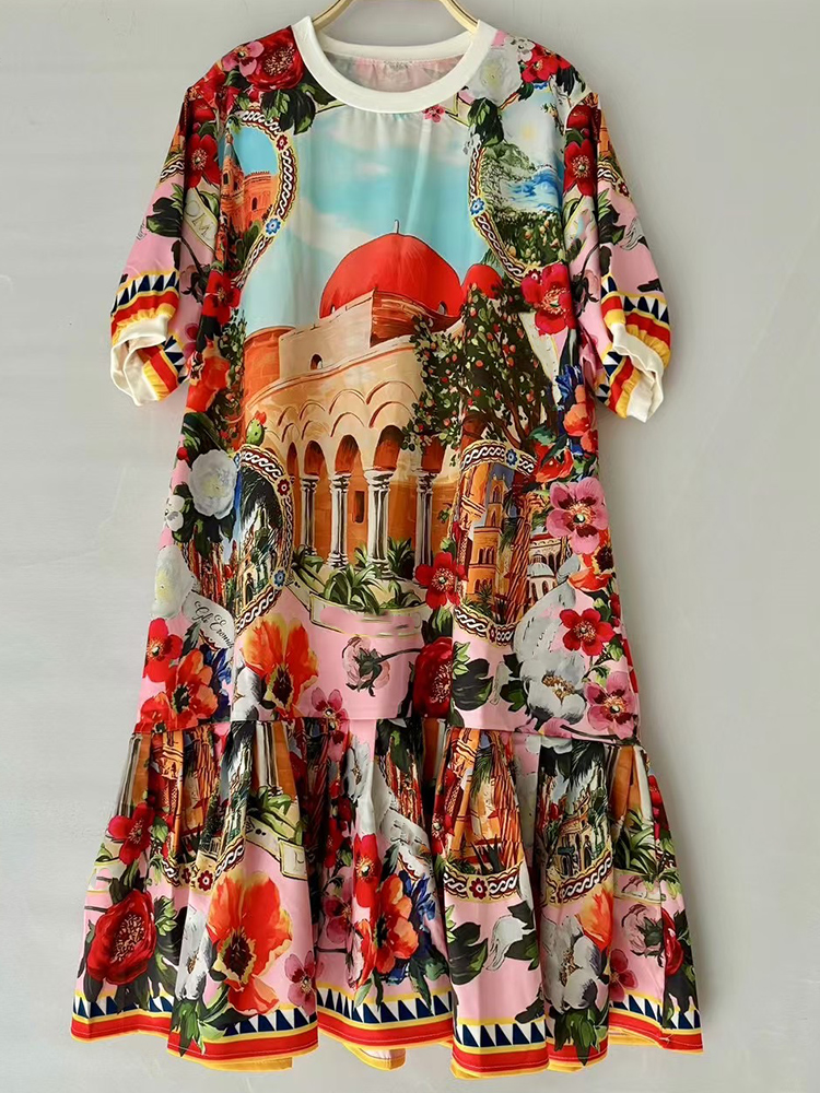 Mode élégante impression géométrique à manches courtes robe ample été femmes nouveau tempérament décontracté courte jupe droite