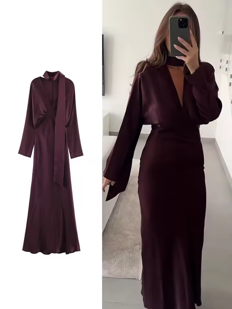 Nouvelle Robe Longue Chic et Élégante pour Femme 2026 – Col V, Manches Longues, Coupe Slim, Idéale Soirées et Clubs – Collection Printemps