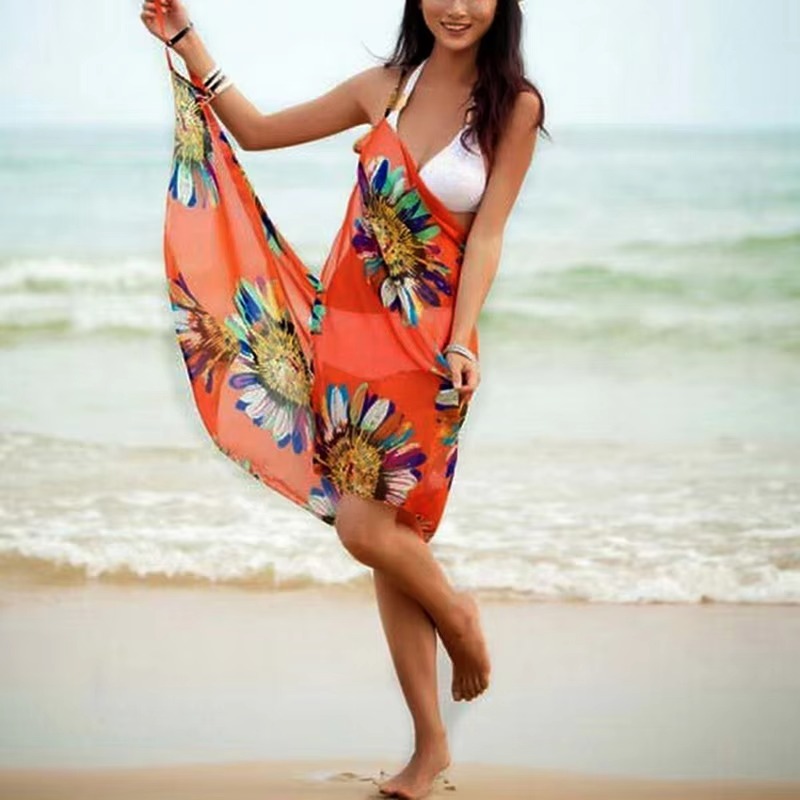 Robe de plage en mousseline de soie pour femmes, Cover-up imprimé, Sexy, col licou, écharpe, serviette de plage, portefeuille, jupes, dos ouvert, maillots de bain