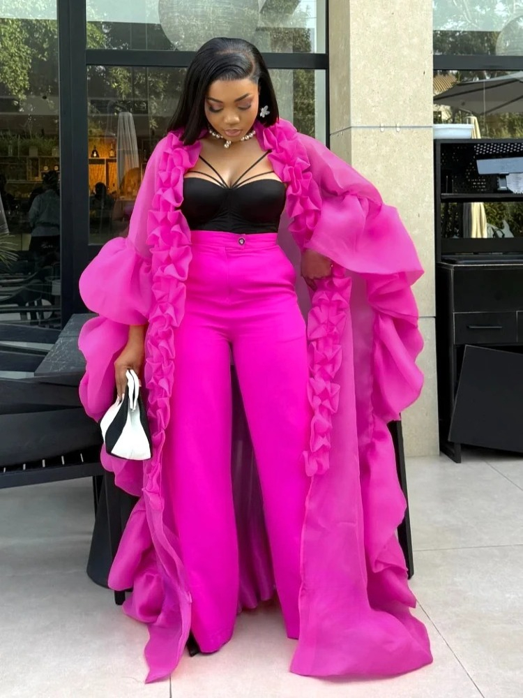 Ensemble deux pièces élégant à volants longs et manches chauve-souris, Kaftan ample, Cape assortie, taille haute, jambes larges, vêtements africains