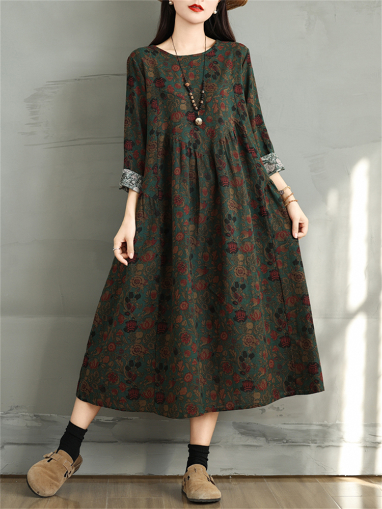 Robes en coton à imprimé floral vintage 2026 pour femmes, robe décontractée à manches longues pour le printemps et l'automne, robe élégante pour femme, vêtements