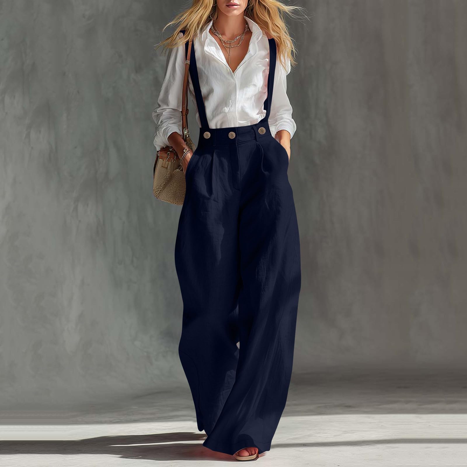 Pantalon décontracté à bretelles pour femmes, pantalon à jambes larges, taille haute, plissé, aspect lin, avec poches, pour le travail, les vacances et le quotidien