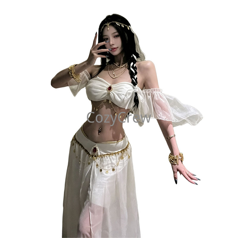 Costume de princesse arabe pour femmes, tenue de danse du ventre rouge, ensemble de cosplay pour fête d'Halloween, haut à épaules dénudées, jupe longue, foulard, style gypsy