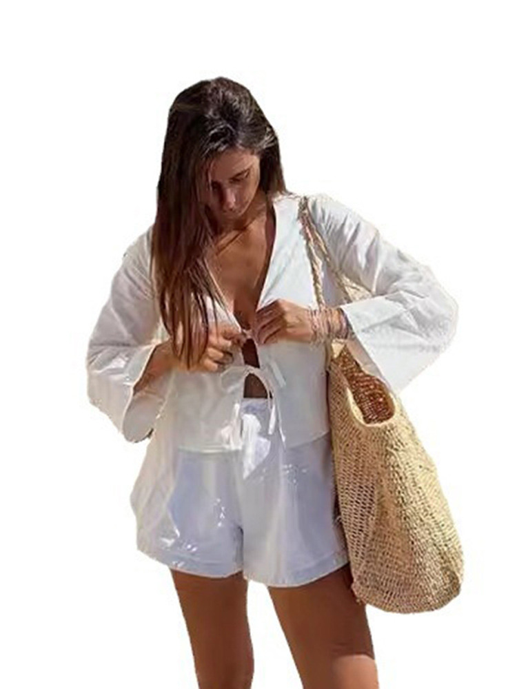 Chemisier à lacets à manches longues pour femmes, chemisier blanc à col en V, chemise élégante, style de rue chic, haut décontracté pour document monochrome, été