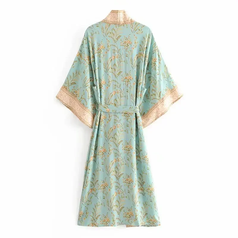 Boho Dinner ens Fashion-Kimono de plage pour femmes, imprimé floral vert, manches chauve-souris, rayonne, bohème, col en V, robe Boho, couvertures de bikini