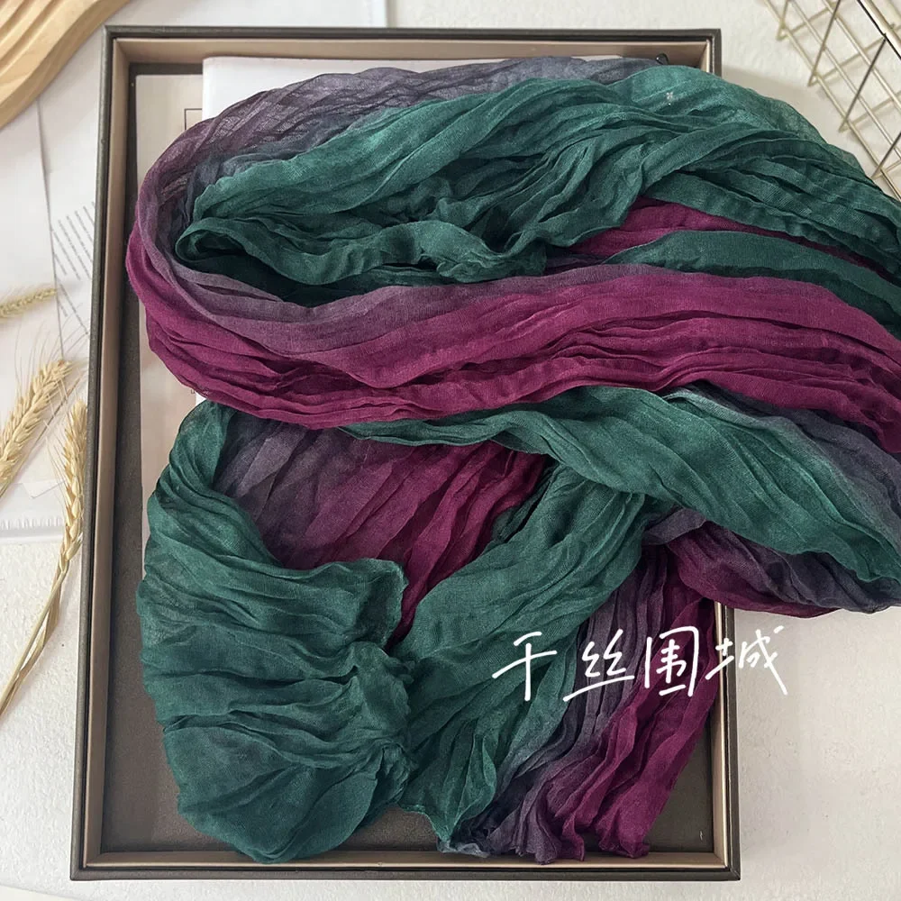 Écharpe en coton et chanvre pour femme, toucher dégradé bleu, rétro, polyvalent, imprimé, Long pli, doux, à la mode, nouvelle collection automne hiver
