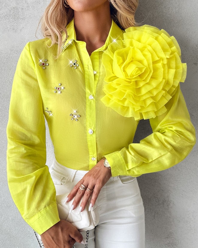 Mode femme Blouse printemps Rose détail strass simple boutonnage décontracté plaine col rabattu à manches longues petit haut quotidien