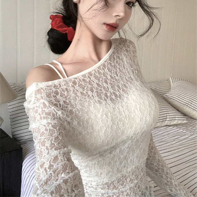 T-shirt court en résille à manches longues pour femmes, corset en dentelle polyvalent, vêtements de créateurs sexy, voir à travers la mode, t-shirts pour femmes, 2024