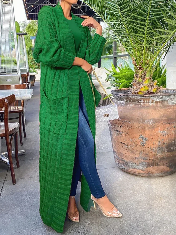 Cardigan Long pour femme, veste tricotée, vert, Crochet, ample, manches longues, pull chaud, décontracté, automne hiver