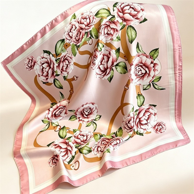 Foulard carré en soie imprimé roses classiques, bandana fin, châle de mode, écharpe polyvalente, bandeau pour cheveux, foulard pour femme