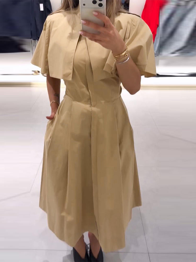 Robe midi chemise cape pour femme, style trench modeste, col montant, sans manches, à laçage à la taille, robes automne 2026