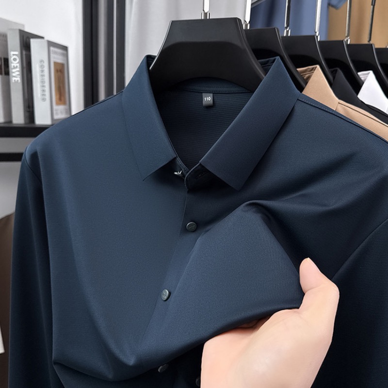 Chemise d'affaires homme 2026 nouvelle collection en mélange de soie, chemise formelle ajustée à col montant en soie, chemise habillée de luxe unie pour homme