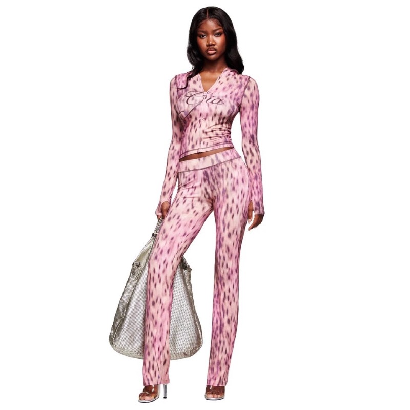 Ensemble assorti 2 pièces imprimé léopard pour femmes, haut court à manches longues avec fermeture éclair + pantalon évasé taille haute, tenue streetwear Y2K