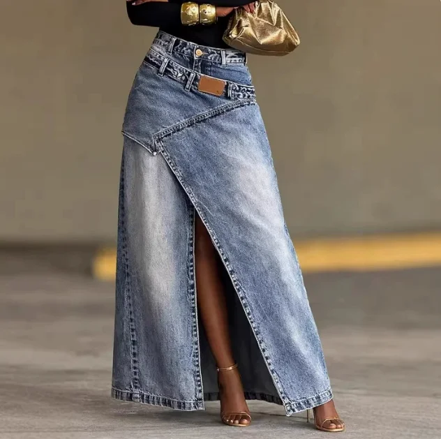 Jupe longue en jean décontractée pour femme, nouvelle collection printemps-automne 2026, couleur unie, taille haute, fente irrégulière, style streetwear, coupe trapèze