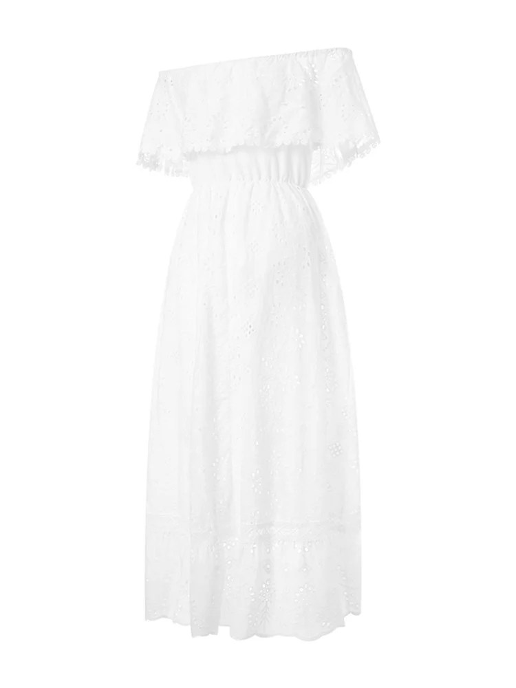 Femmes bohème blanc robe longue à manches courtes épaules dénudées dentelle à volants robe ample vacances d'été plage robes décontractées femme