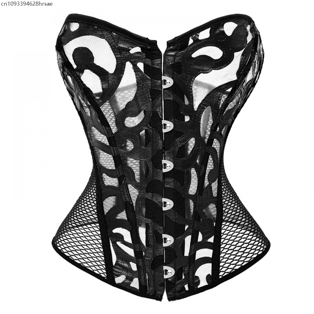 Haut Corset grande taille pour femmes, maille creuse, Burlesque, à lacets, Bustier gothique, surbuste, Costumes, Lingerie Sexy noire et blanche