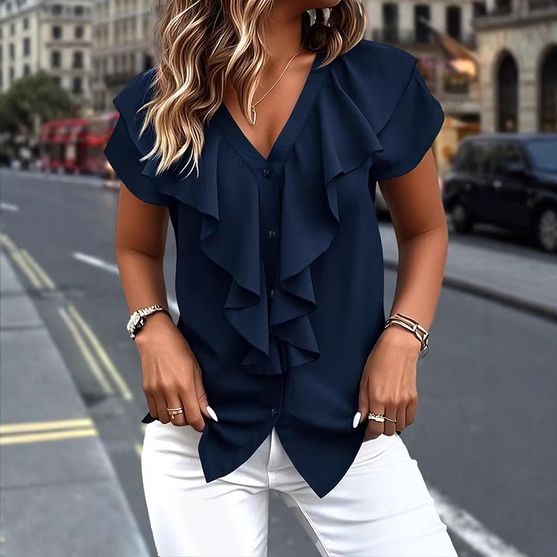 Chemisier Femme Tendance Blanc Vert à Volants Boutonné Col en V – Blouse Basique à Manches Courtes pour le Bureau