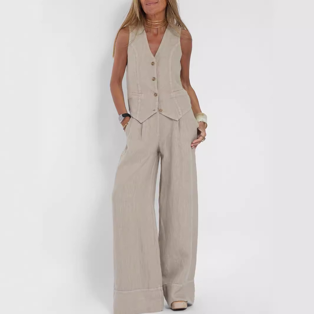 Ensembles 2 pièces pour femmes 2026 : Nouveaux ensembles décontractés en coton et lin patchwork, gilet et pantalon long, vêtements féminins