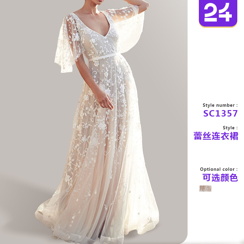 Robes pour femmes 2026 sexy transparentes en dentelle col en V dos nu demi-manches automne robes longues européennes vêtements pour femmes vestidos