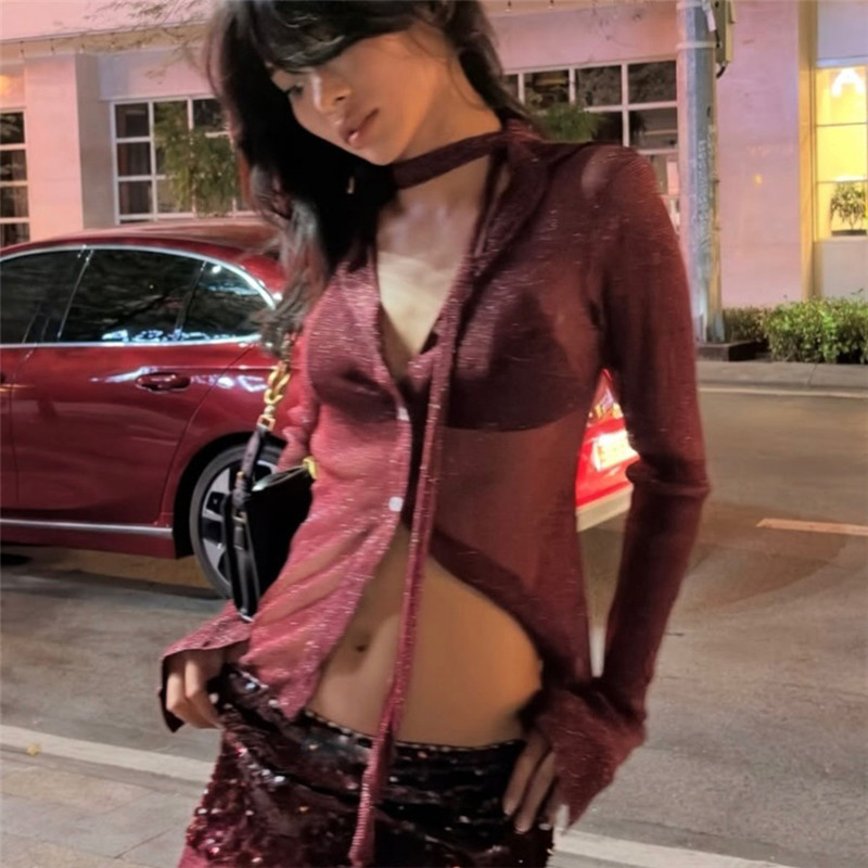 Chemisier transparent sexy à manches longues pour femme avec collier ras-du-cou, style Y2K Coquette, chemise boutonnée transparente à paillettes, streetwear, crop top de soirée