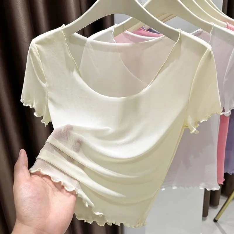 T-shirt en maille de soie glacée à col bas et manches courtes pour femme, style court, transparent, à trame fine, avec bordure renforcée, idéal comme sous-vêtement ou base pour l'été