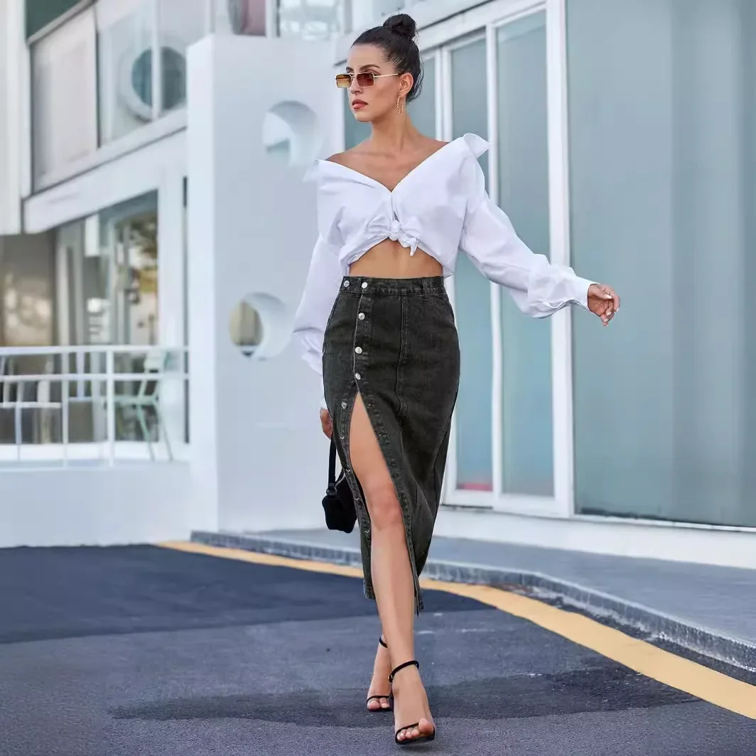 Robe longue en jean noir pour femme, jupe maxi en jean, mode décontractée, haute qualité, été, 2024, Y2K
