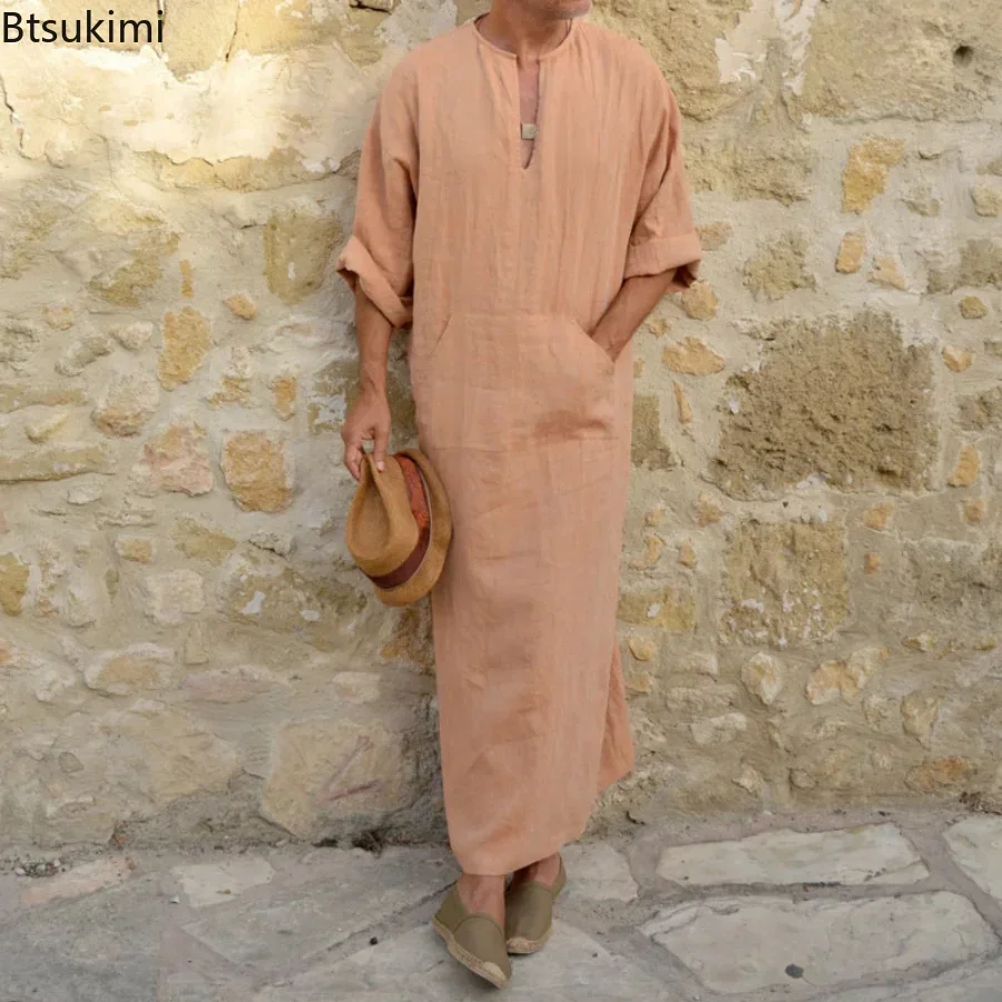 Grande taille 4XL 5XL hommes Robe musulmane col en v décontracté coton/lin poches ample à manches longues Vintage arabe ethnique Robe islamique mâle