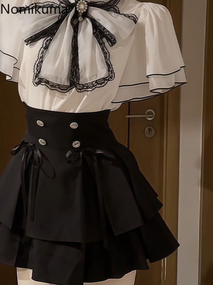 Vêtements japonais pour femmes, ensemble 2 pièces, chemisier à manches évasées avec nœud, taille haute, jupe plissée trapèze, costume de tempérament, tenues d'été