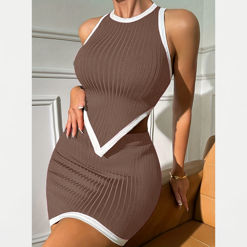 Ensemble de mode pour femmes, élégant, nouveau, été, débardeur côtelé associé à une jupe courte